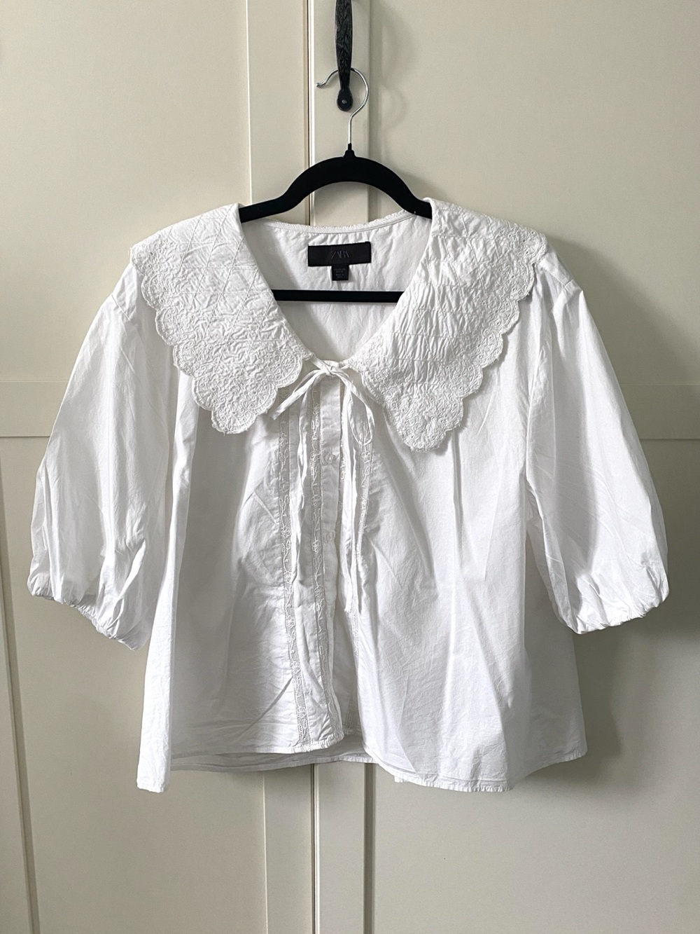 Zara White Embroidered Scallop Collar Blouse | Romantic Cottagecore | Size XXL